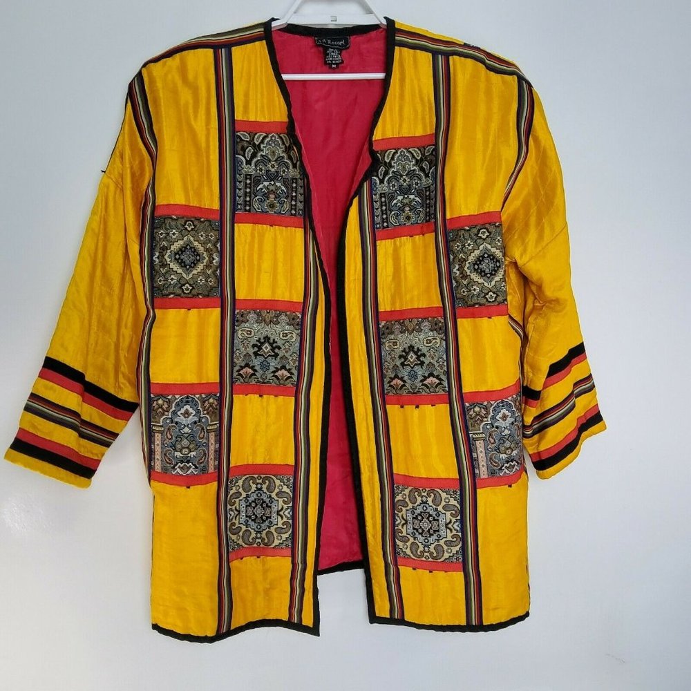 JA Resort Vtg 80s Silk Asian Yellow Women Jacket Coat Kimono Size Medium